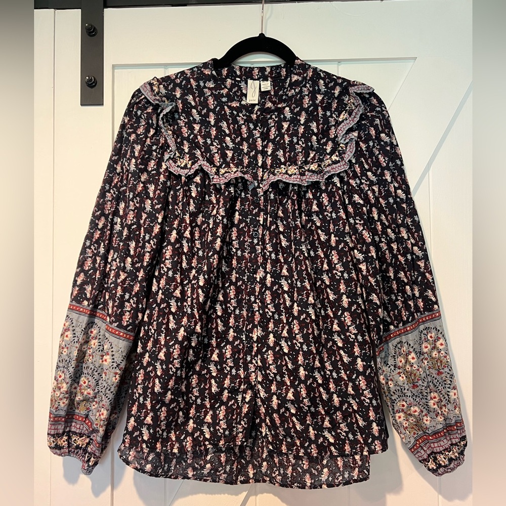 Joie Navy and Pink Floral Ruffle Blouse